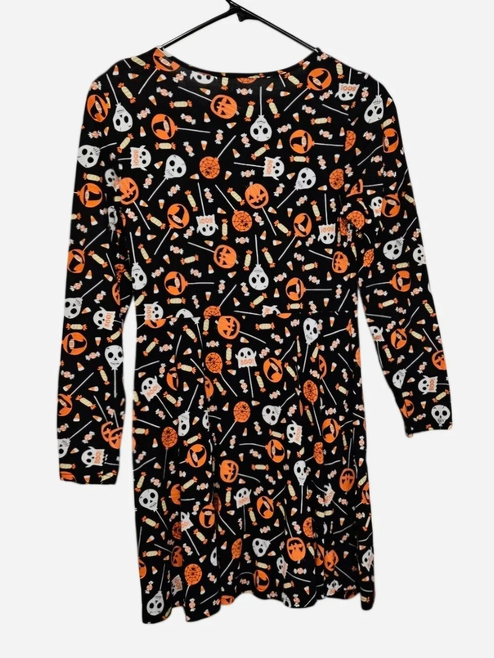 Halloween long sleeve dress orange & white skulls & bats black background, GIRLS